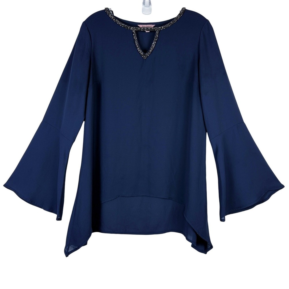 Juicy Couture Navy Blue Beaded Keyhole Bell Sleeve High Low Blouse Medium